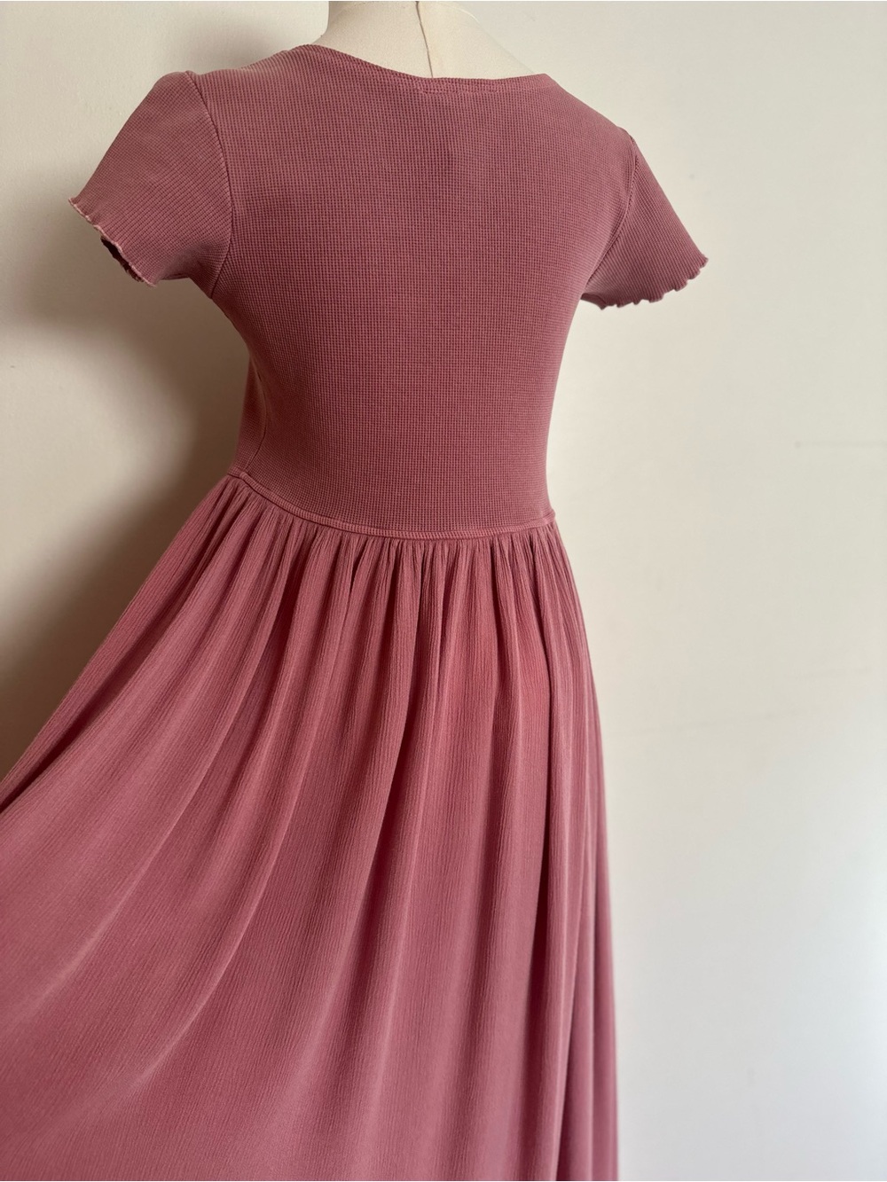 VTG 90s CHEROKEE Waffle Knit Babydoll Maxi Dress Cottagecore Pink Dusty Rose S - Picture 3 of 8